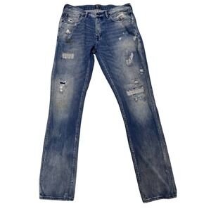 PRPS Distressed Patchwork Jeans Men 32X32 Blue Straight Leg Button Fly Denim